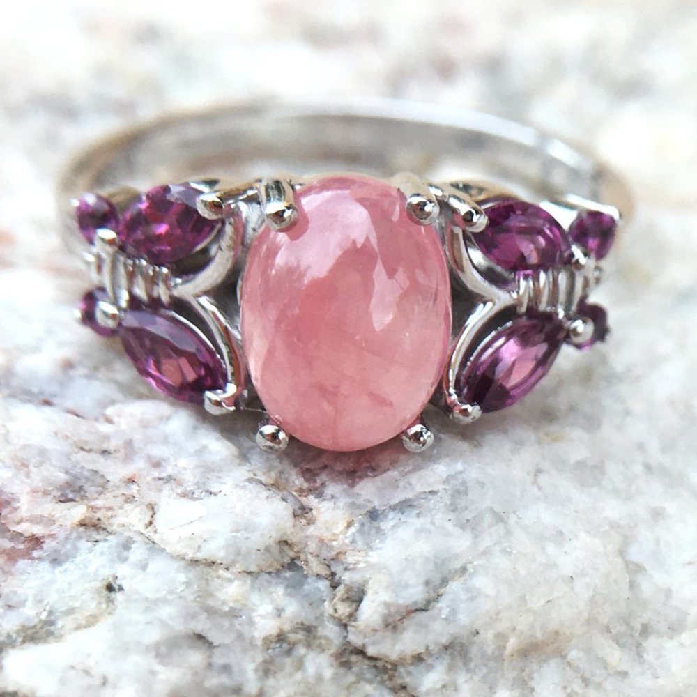 Genuine Rhodocrosite & Garnet Ring 925 Silver Sz 6